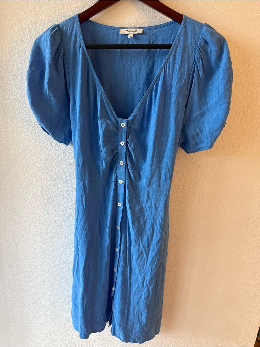 Madewell Blue Puff-Sleeve Button-Front Dress